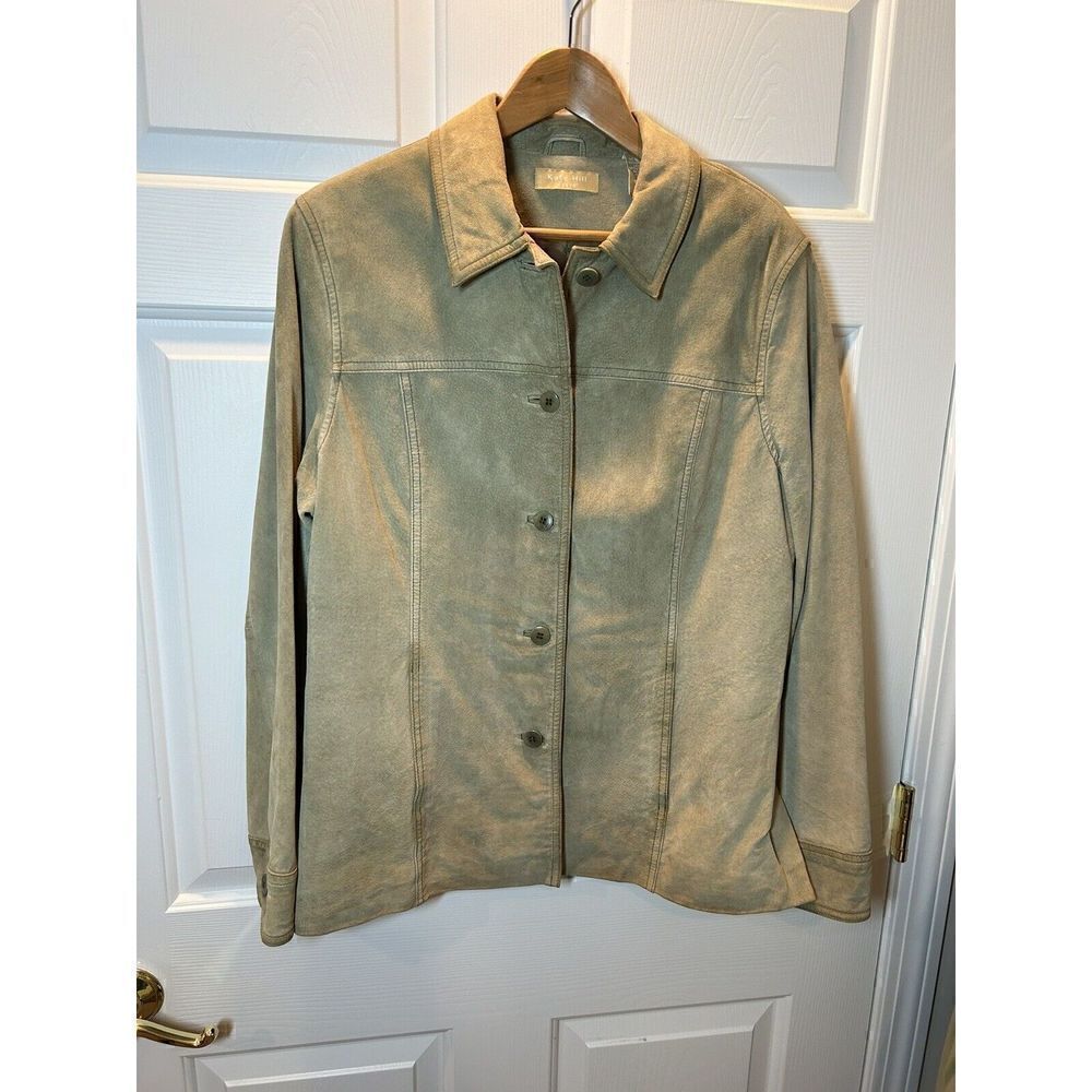 Kate Hill Casual Women's 16 Genuine Suede Leather Button Jacket Pockets Green